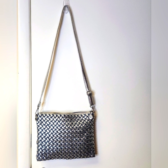 Denim Crystal Rhinestone Crossbody Bag With Metallic Weaving On Back - Picture 14 of 16